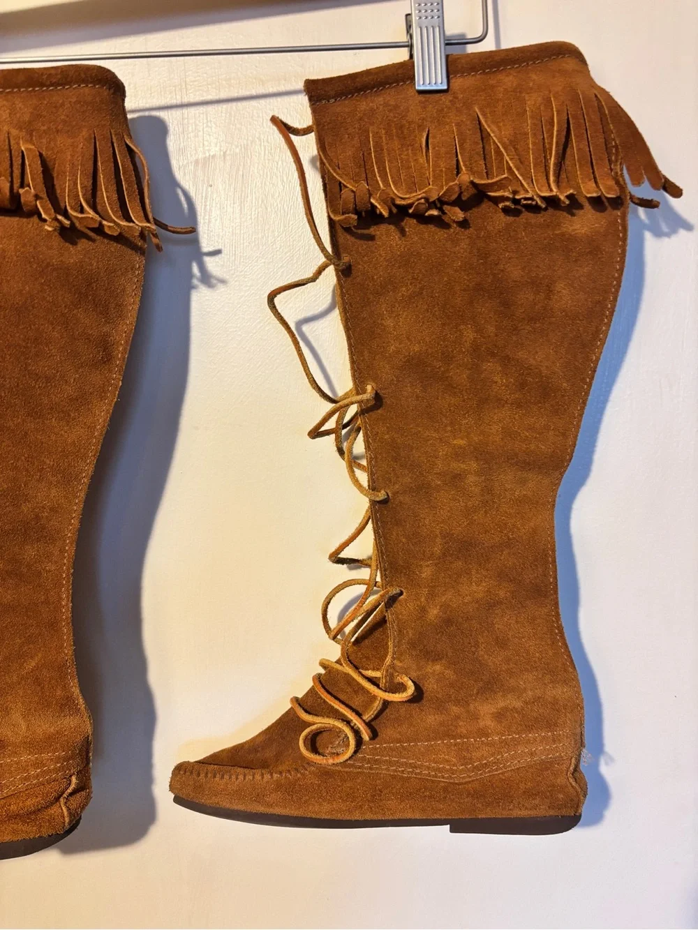 Minnetonka Chestnut Suede Fringe Lace-Up Over-The-Knee Boots